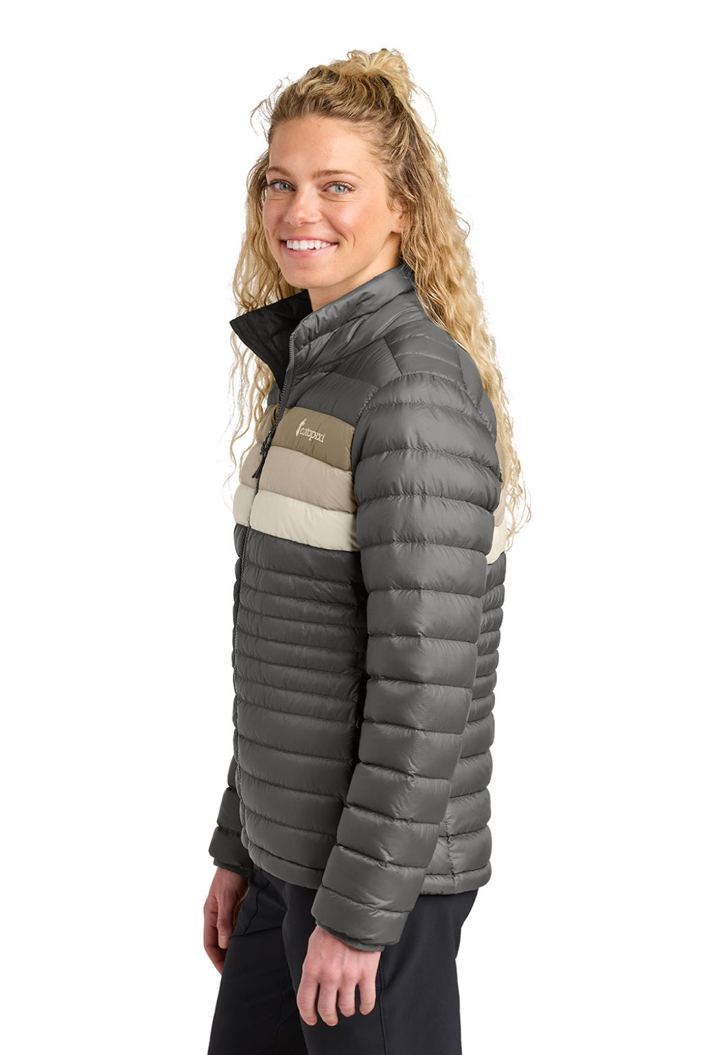 Cotopaxi COTOW1688 Womens Fuego Full Zip Down Jacket Cinder Grey/Desert Brown Model Side