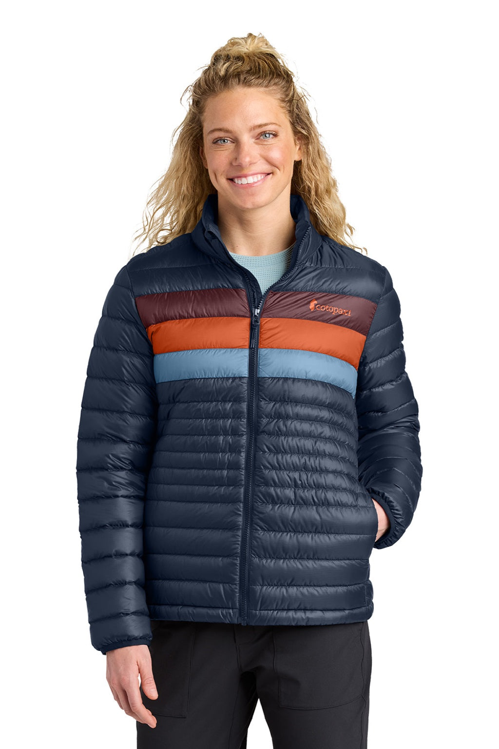 Cotopaxi COTOW1688 Womens Fuego Full Zip Down Jacket Maritime Blue/Mulberry Model Front