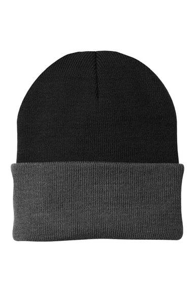 Port & Company Hats CP90 Unisex Knit Beanie Black/Athletic Oxford Grey Flat Front