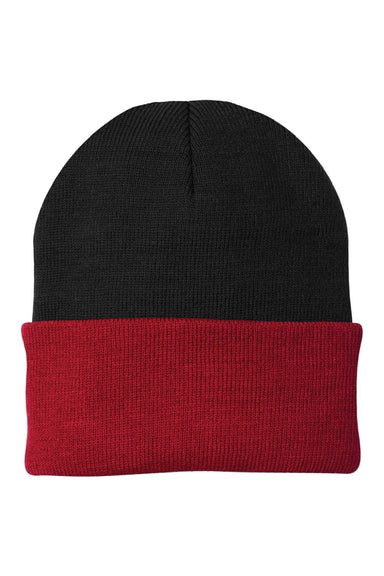Port & Company Hats CP90 Unisex Knit Beanie Black/Athletic Red Flat Front