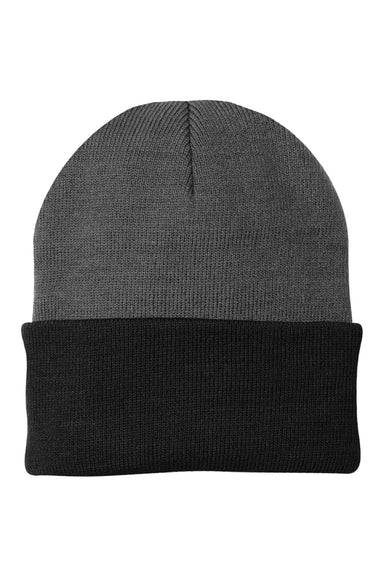 Port & Company Hats CP90 Unisex Knit Beanie Athletic Oxford Grey/Black Flat Front