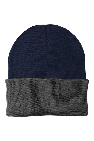 Port & Company Hats CP90 Unisex Knit Beanie Navy Blue/Athletic Oxford Grey Flat Front