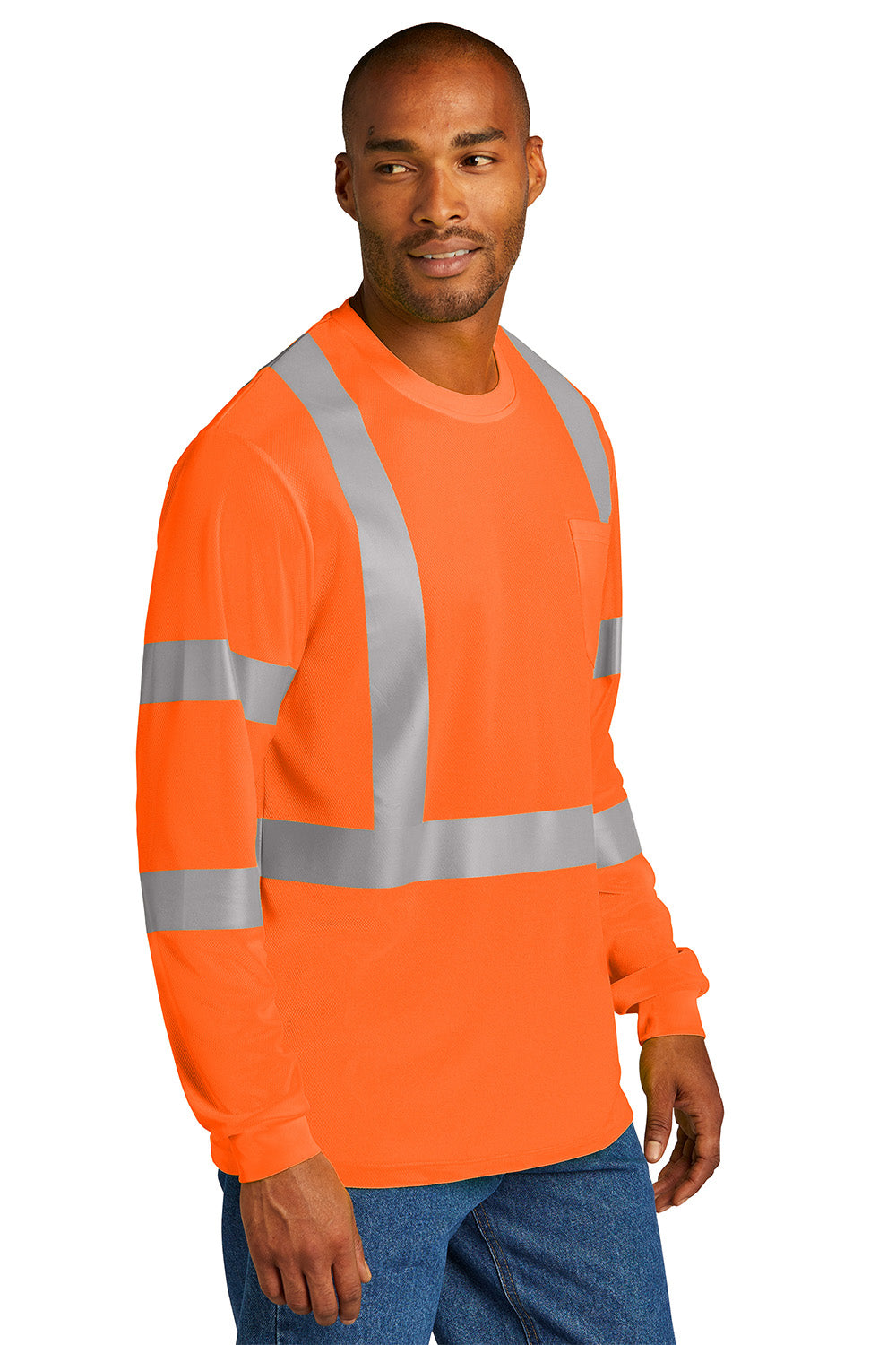 CornerStone CS203 Mens ANSI 107 Class 3 Moisture Wicking Long Sleeve Crewneck T-Shirt w/ Pocket Safety Orange Model 3q