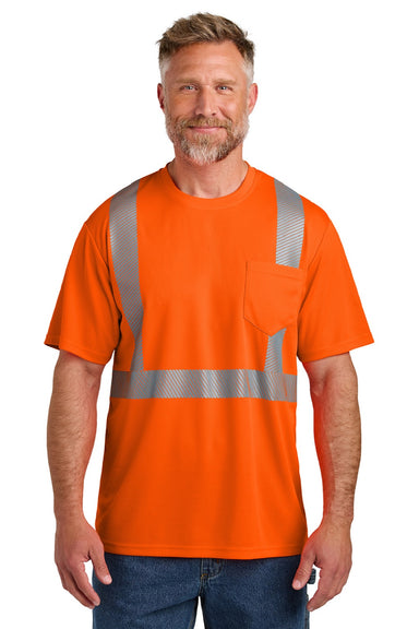 CornerStone CS204 Mens ANSI 107 Class 2 Moisture Wicking Short Sleeve Crewneck T-Shirt w/ Pocket Safety Orange Model Front