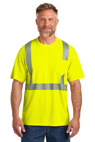 CornerStone CS204 Mens ANSI 107 Class 2 Moisture Wicking Short Sleeve Crewneck T-Shirt w/ Pocket Safety Yellow Model Front