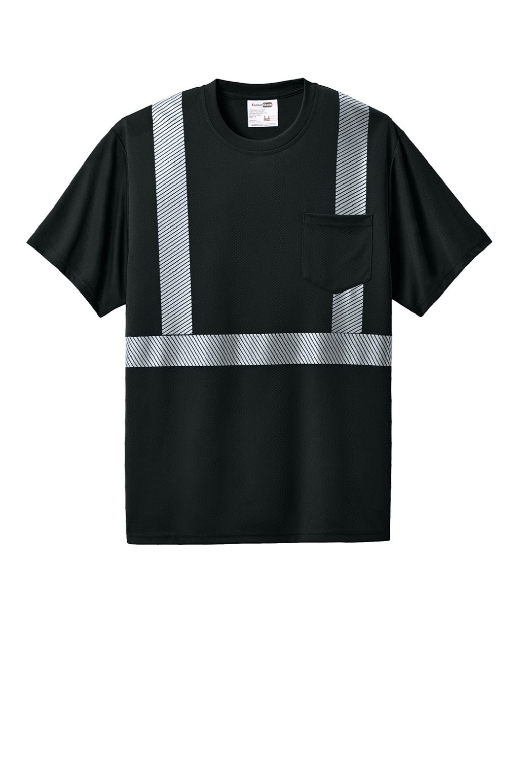 CornerStone CS206 Mens Enhanced Visibility Moisture Wicking Short Sleeve Crewneck T-Shirt w/ Pocket Black Flat Front