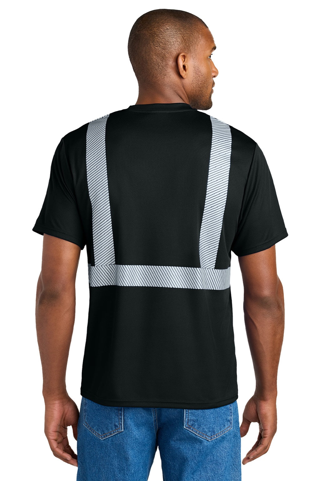 CornerStone CS206 Mens Enhanced Visibility Moisture Wicking Short Sleeve Crewneck T-Shirt w/ Pocket Black Model Back