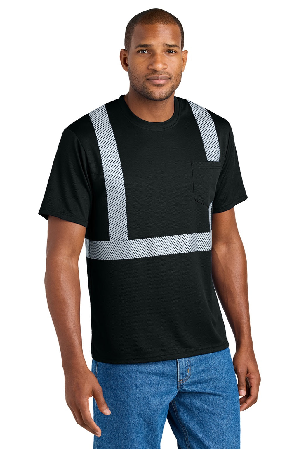 CornerStone CS206 Mens Enhanced Visibility Moisture Wicking Short Sleeve Crewneck T-Shirt w/ Pocket Black Model Front