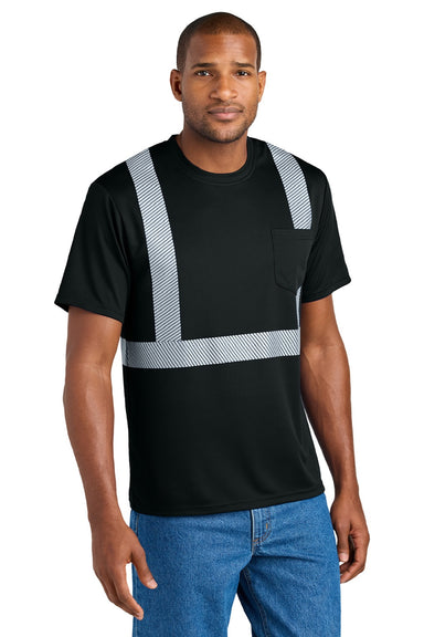 CornerStone CS206 Mens Enhanced Visibility Moisture Wicking Short Sleeve Crewneck T-Shirt w/ Pocket Black Model Front