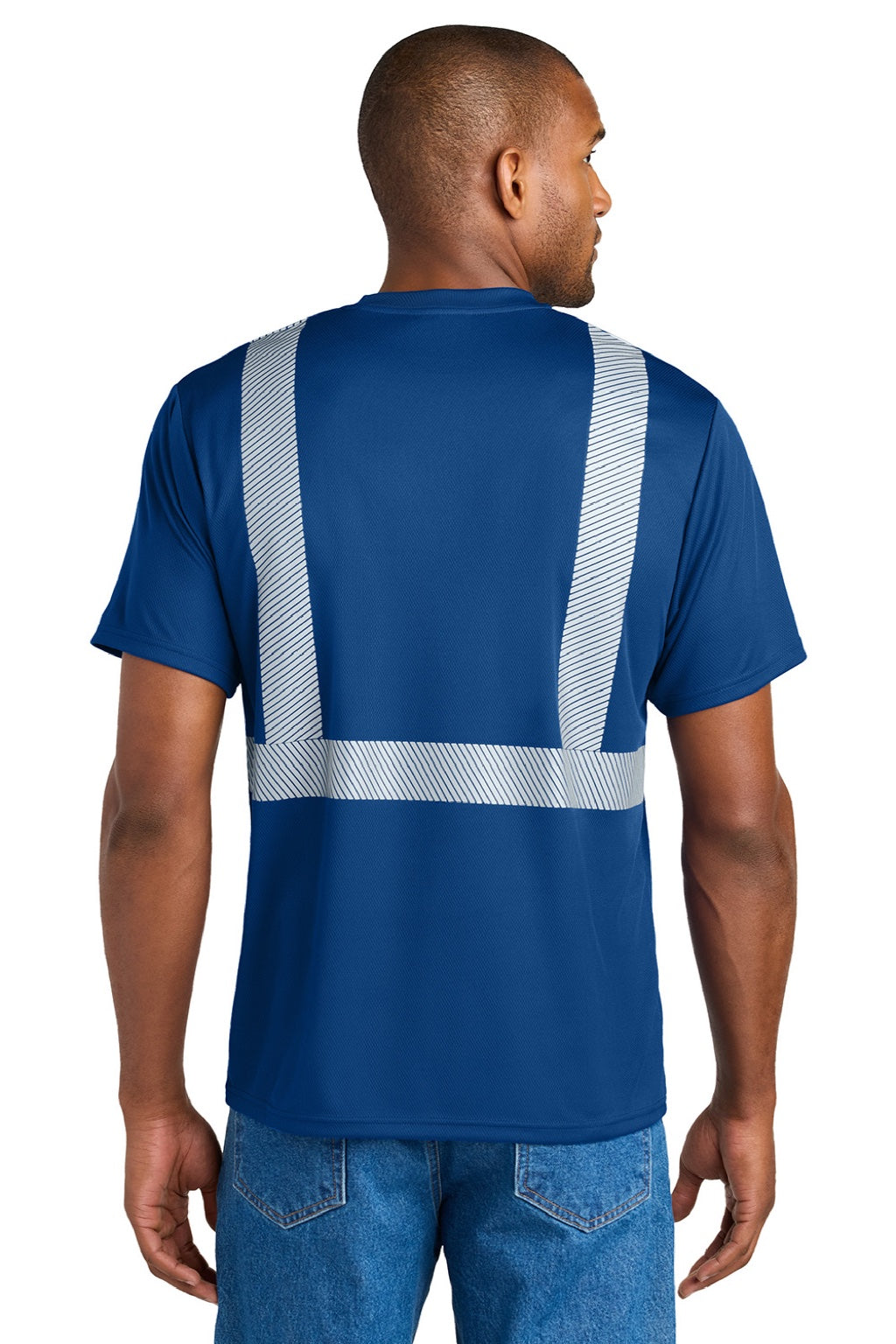 CornerStone CS206 Mens Enhanced Visibility Moisture Wicking Short Sleeve Crewneck T-Shirt w/ Pocket Royal Blue Model Back