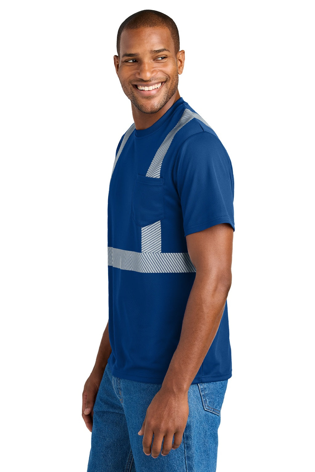 CornerStone CS206 Mens Enhanced Visibility Moisture Wicking Short Sleeve Crewneck T-Shirt w/ Pocket Royal Blue Model Side