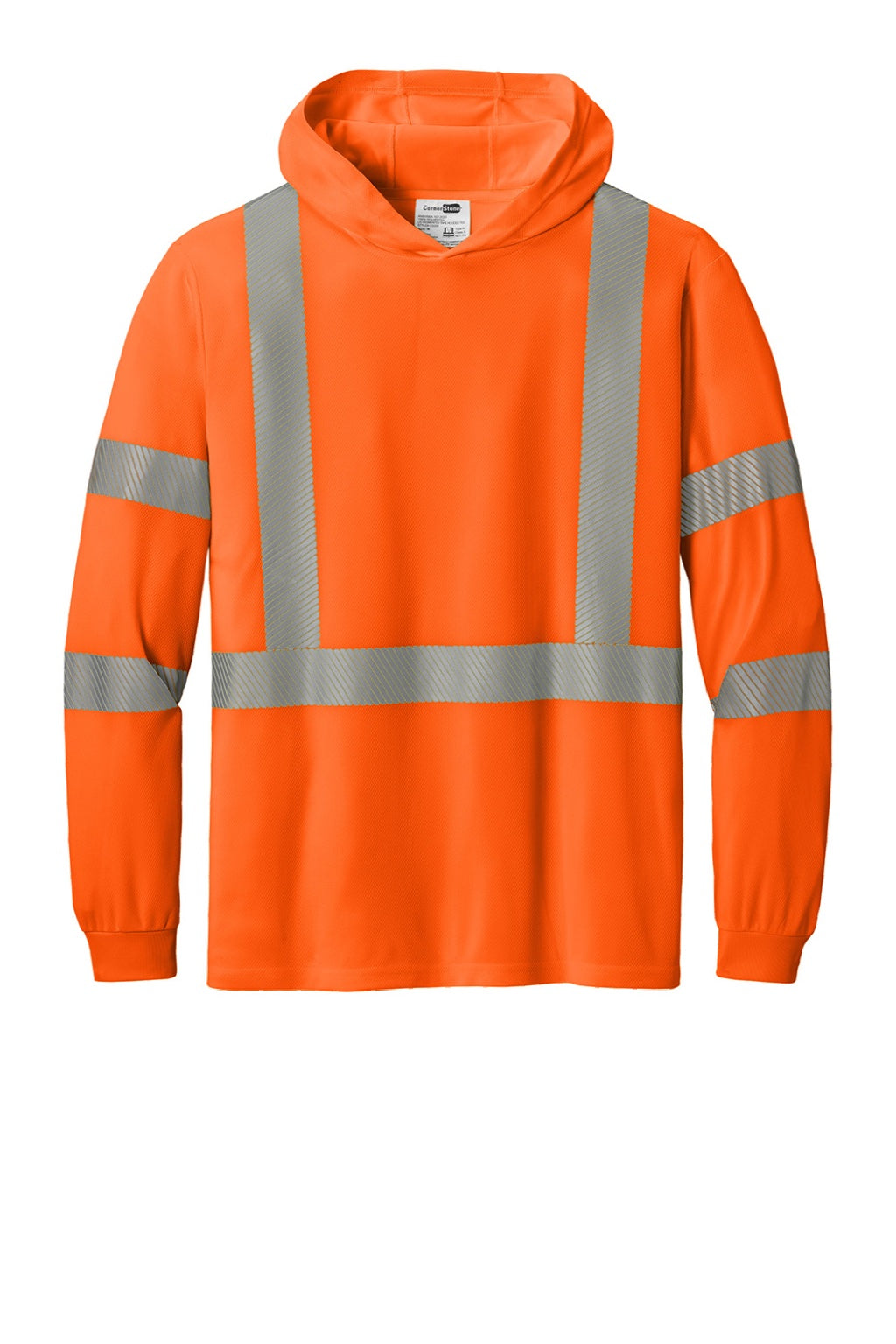 CornerStone CS208 Mens ANSI 107 Class 3 Segmented Tape Long Sleeve Hooded T-Shirt Hoodie Safety Orange Flat Front