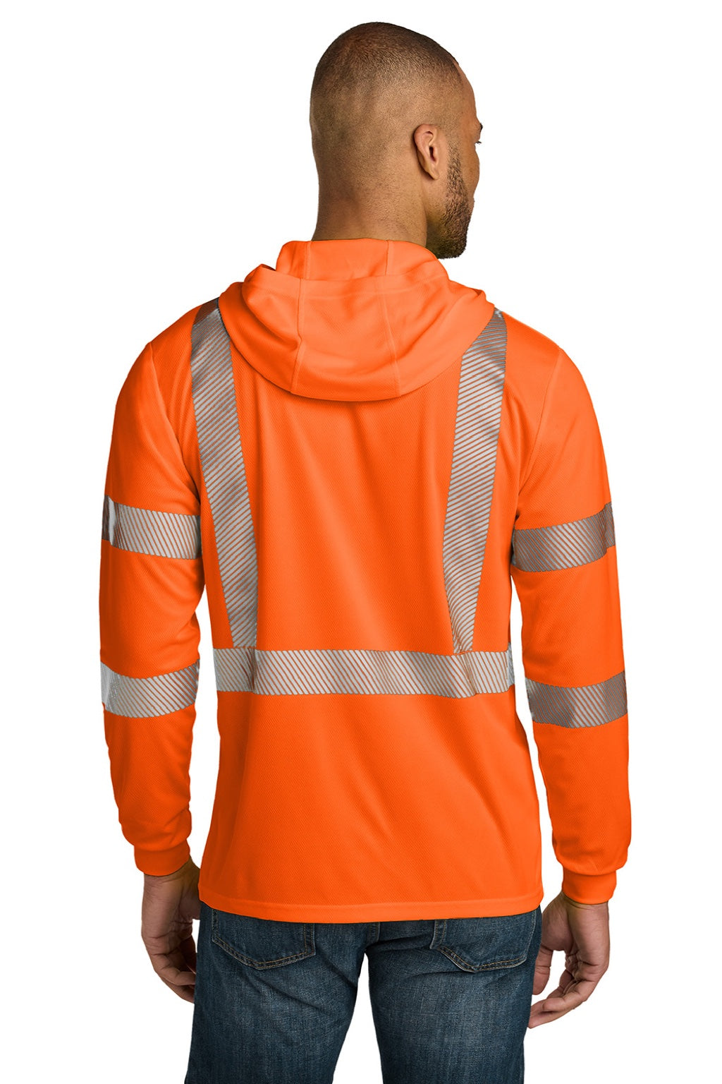 CornerStone CS208 Mens ANSI 107 Class 3 Segmented Tape Long Sleeve Hooded T-Shirt Hoodie Safety Orange Model Back