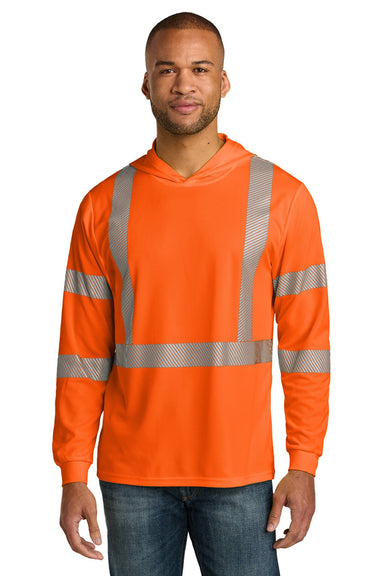 CornerStone CS208 Mens ANSI 107 Class 3 Segmented Tape Long Sleeve Hooded T-Shirt Hoodie Safety Orange Model Front