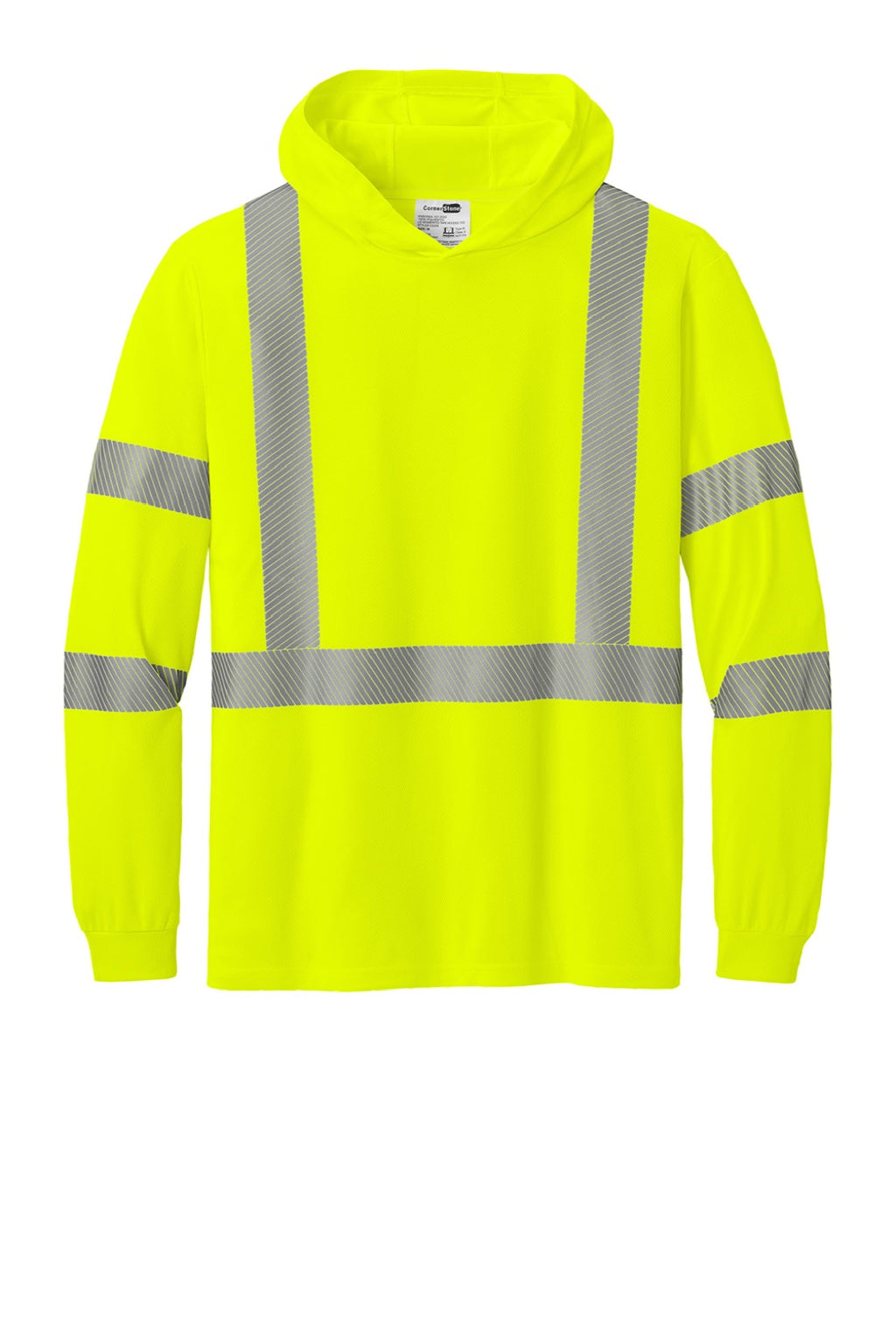 CornerStone CS208 Mens ANSI 107 Class 3 Segmented Tape Long Sleeve Hooded T-Shirt Hoodie Safety Yellow Flat Front