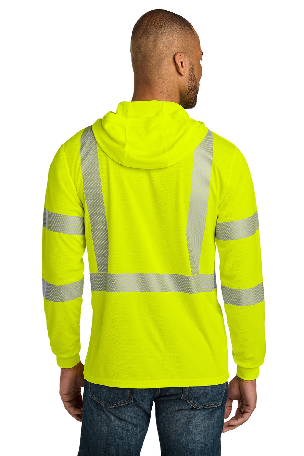 CornerStone CS208 Mens ANSI 107 Class 3 Segmented Tape Long Sleeve Hooded T-Shirt Hoodie Safety Yellow Model Back