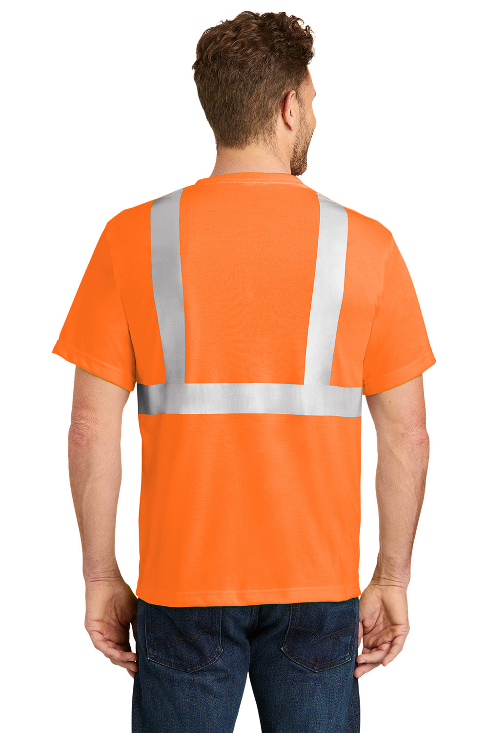CornerStone CS401 Mens Moisture Wicking Short Sleeve Crewneck T-Shirt w/ Pocket Safety Orange Model Back