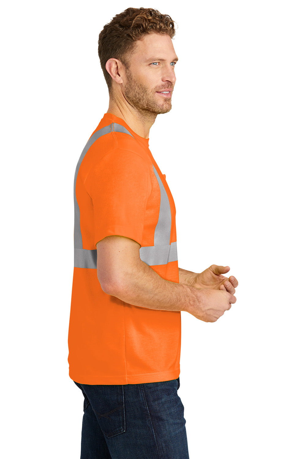 CornerStone CS401 Mens Moisture Wicking Short Sleeve Crewneck T-Shirt w/ Pocket Safety Orange Model Side