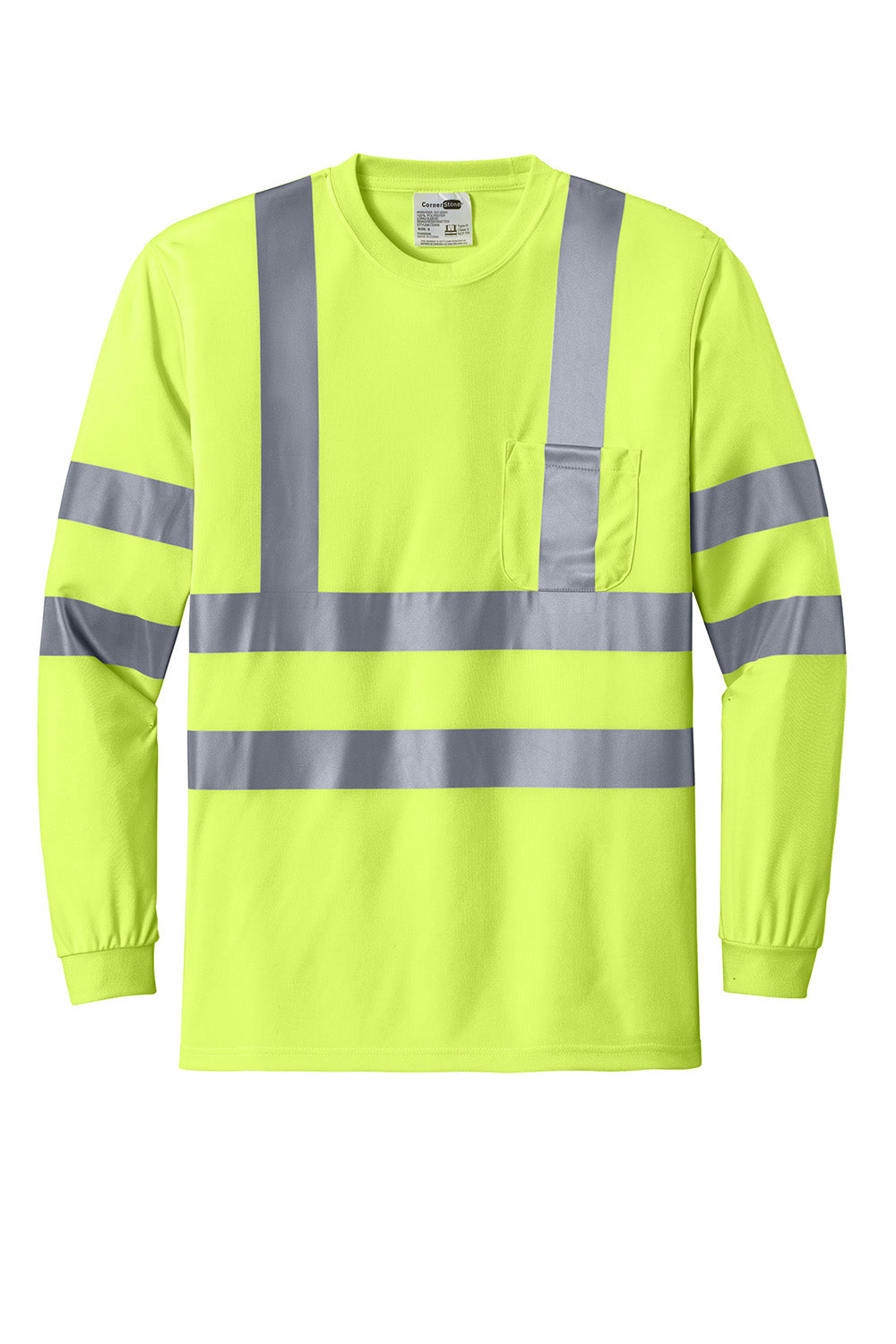 CornerStone CS409 Mens Moisture Wicking Long Sleeve Crewneck T-Shirt w/ Pocket Safety Yellow Flat Front