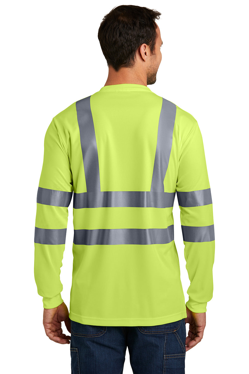CornerStone CS409 Mens Moisture Wicking Long Sleeve Crewneck T-Shirt w/ Pocket Safety Yellow Model Back