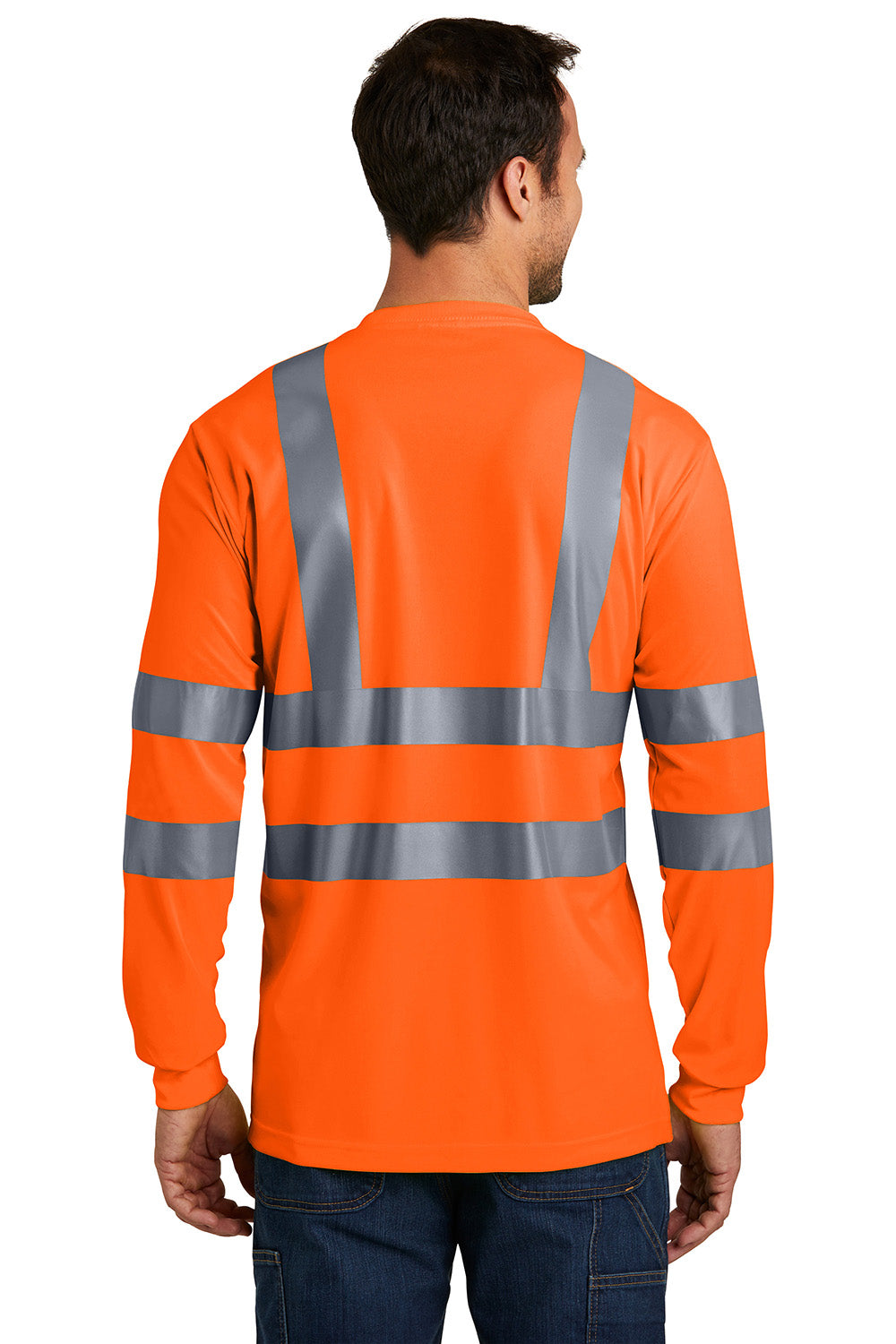 CornerStone CS409 Mens Moisture Wicking Long Sleeve Crewneck T-Shirt w/ Pocket Safety Orange Model Back