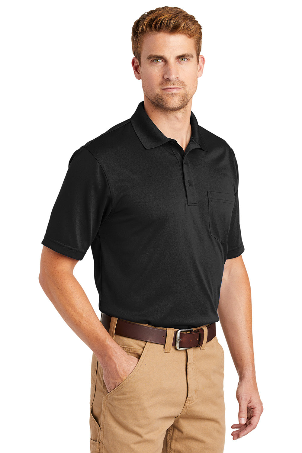 CornerStone CS412P Mens Select Moisture Wicking Short Sleeve Polo Shirt w/ Pocket Black Model 3q