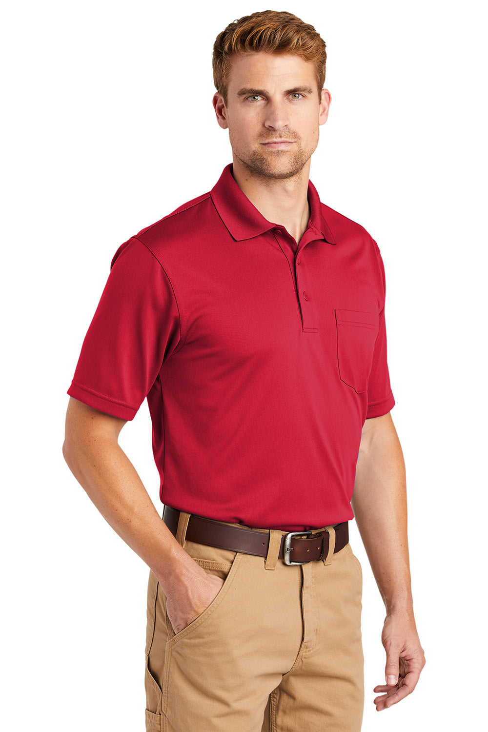 CornerStone CS412P Mens Select Moisture Wicking Short Sleeve Polo Shirt w/ Pocket Red Model 3q