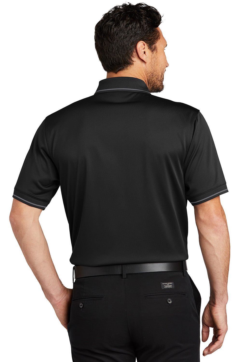 CornerStone CS415 Mens Select Moisture Wicking Short Sleeve Polo Shirt w/ Pocket Black/Smoke Grey Model Back