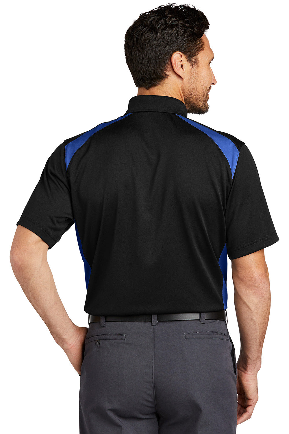 CornerStone CS416 Mens Select Moisture Wicking Short Sleeve Polo Shirt w/ Pocket Black/Royal Blue Model Back