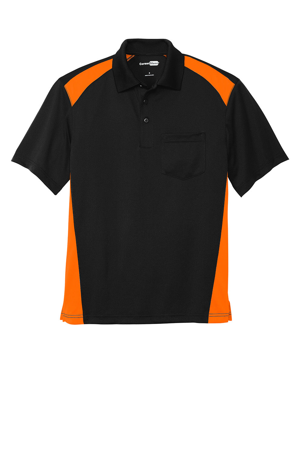 CornerStone CS416 Mens Select Moisture Wicking Short Sleeve Polo Shirt w/ Pocket Black/Shock Orange Flat Front