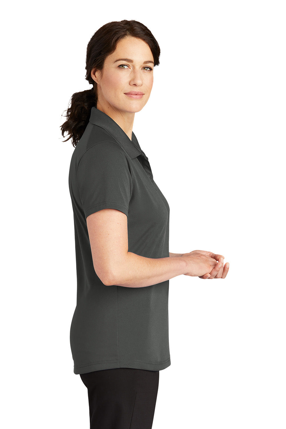 CornerStone CS419 Womens Select Moisture Wicking Short Sleeve Polo Shirt Charcoal Grey Model Side