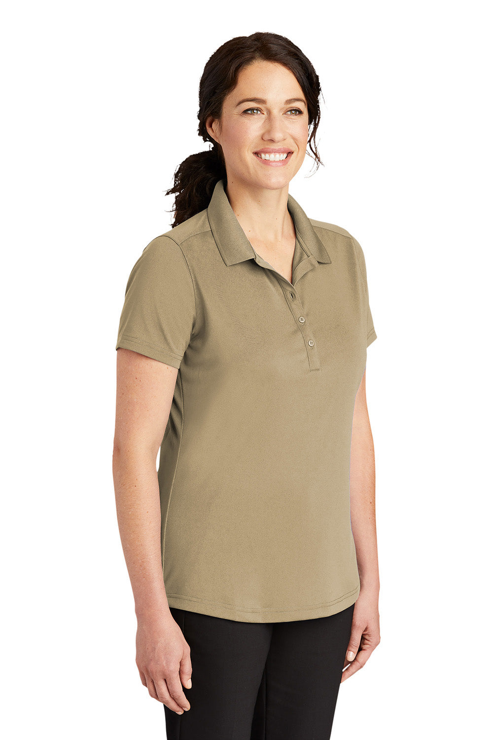 CornerStone CS419 Womens Select Moisture Wicking Short Sleeve Polo Shirt Tan Model 3q