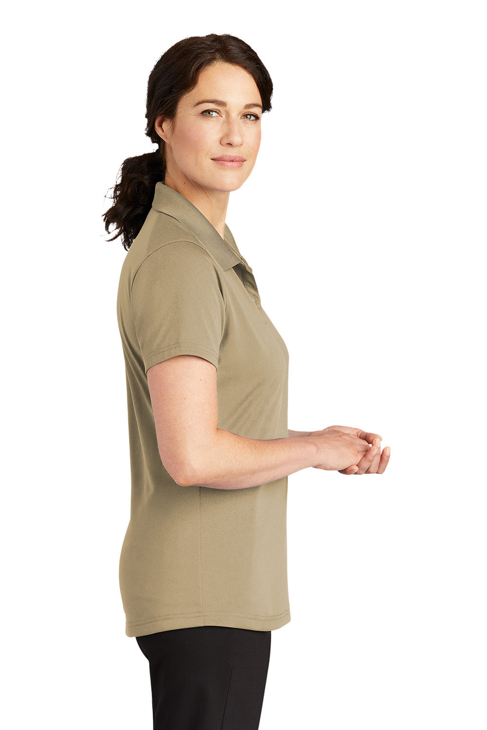 CornerStone CS419 Womens Select Moisture Wicking Short Sleeve Polo Shirt Tan Model Side