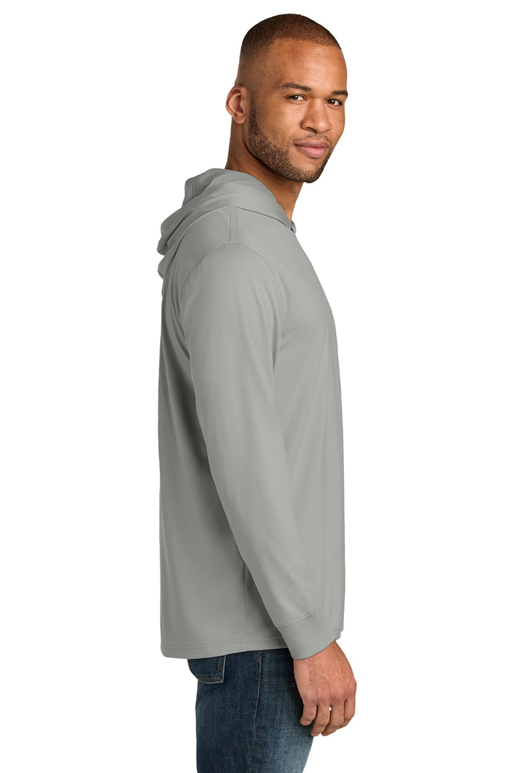 CornerStone CS440LSH Mens Workwear Pro Long Sleeve Hooded T-Shirt Hoodie Light Grey Model Side