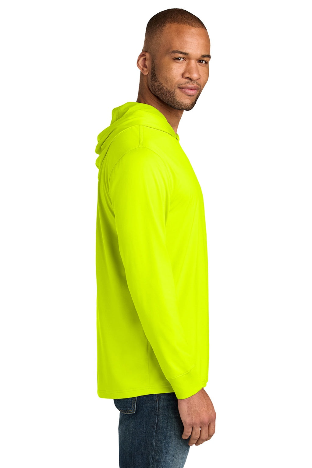 CornerStone CS440LSH Mens Workwear Pro Long Sleeve Hooded T-Shirt Hoodie Safety Yellow Model Side
