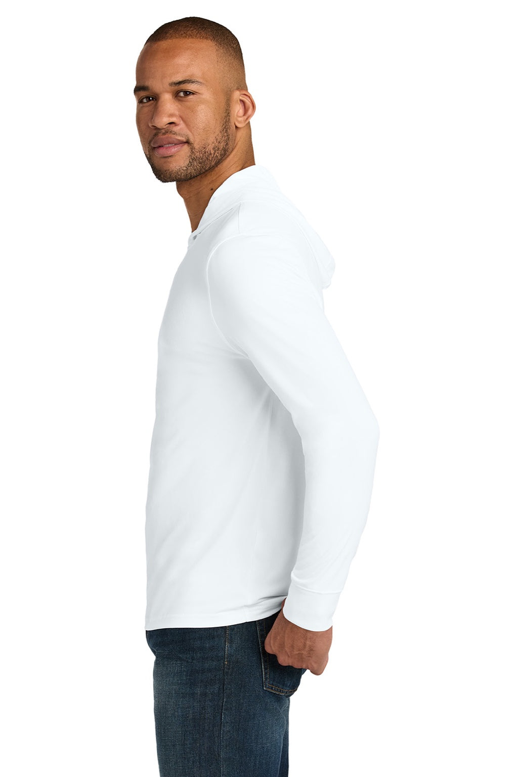 CornerStone CS440LSH Mens Workwear Pro Long Sleeve Hooded T-Shirt Hoodie White Model Side