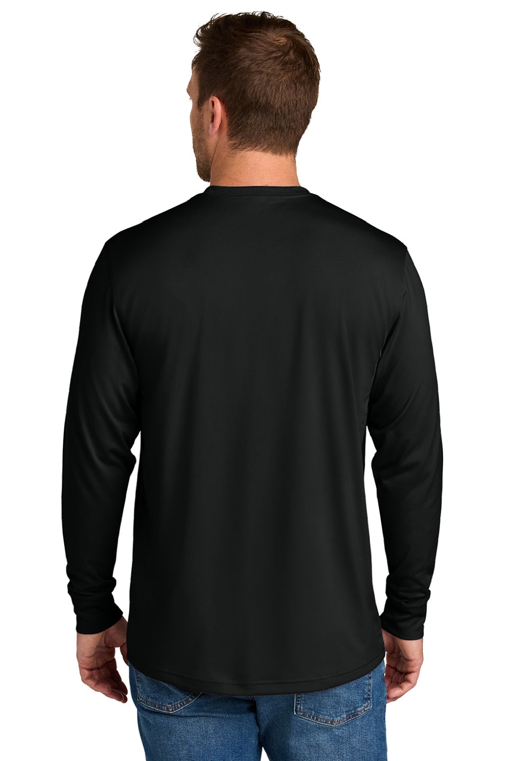 CornerStone CS440LSP Mens Workwear Pro Long Sleeve Crewneck T-Shirt w/ Pocket Black Model Back