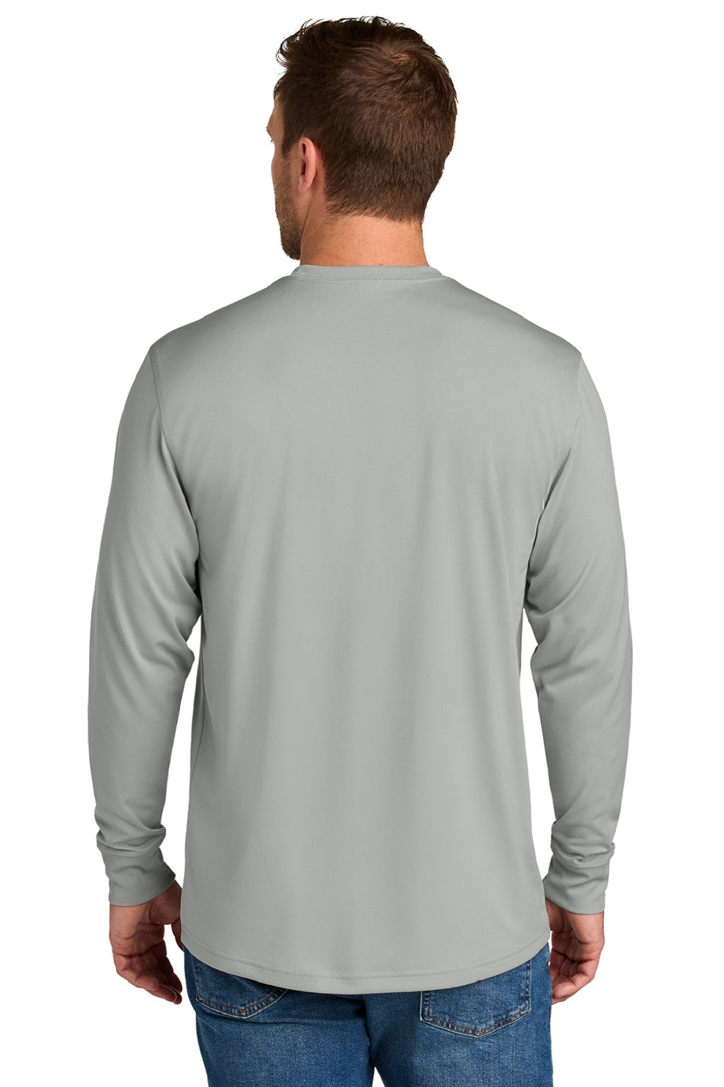 CornerStone CS440LSP Mens Workwear Pro Long Sleeve Crewneck T-Shirt w/ Pocket Light Grey Model Back