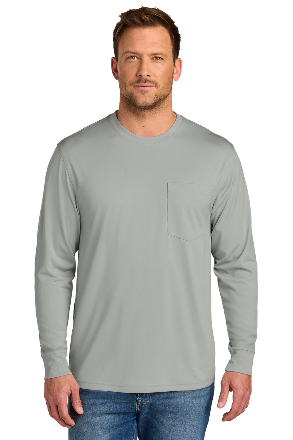 CornerStone CS440LSP Mens Workwear Pro Long Sleeve Crewneck T-Shirt w/ Pocket Light Grey Model Front