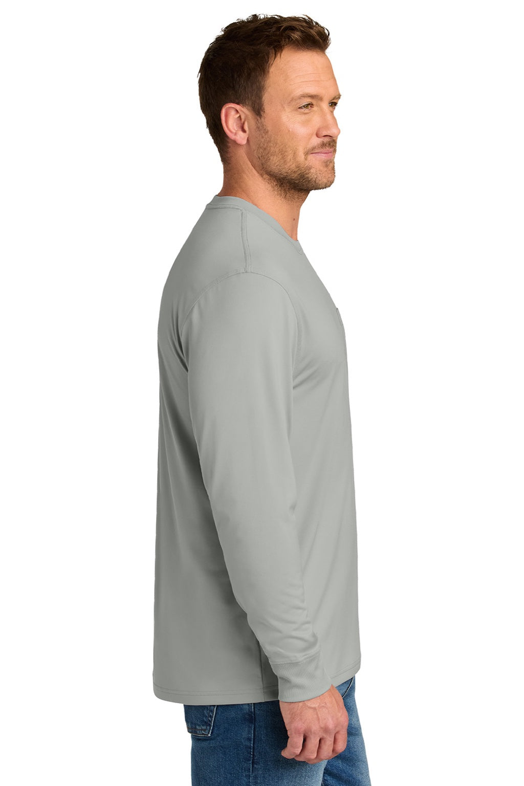 CornerStone CS440LSP Mens Workwear Pro Long Sleeve Crewneck T-Shirt w/ Pocket Light Grey Model Side