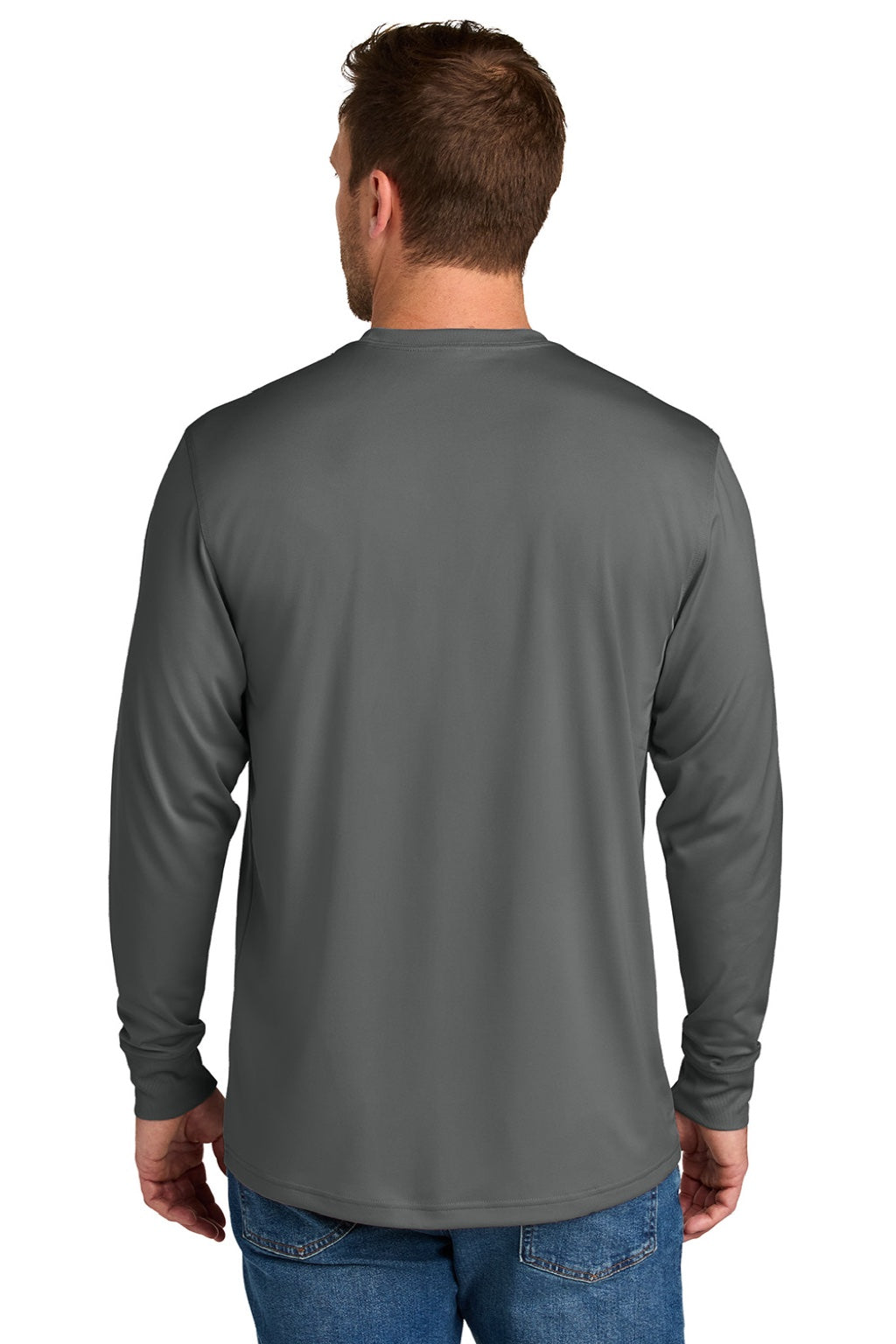 CornerStone CS440LSP Mens Workwear Pro Long Sleeve Crewneck T-Shirt w/ Pocket Metal Grey Model Back