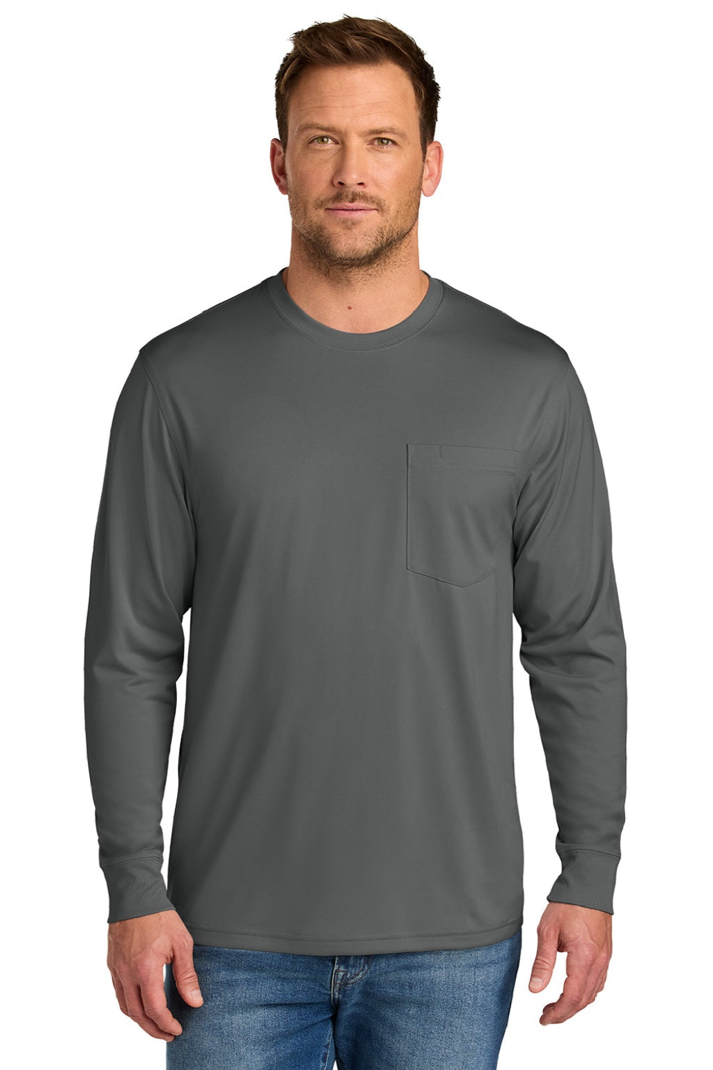 CornerStone CS440LSP Mens Workwear Pro Long Sleeve Crewneck T-Shirt w/ Pocket Metal Grey Model Front