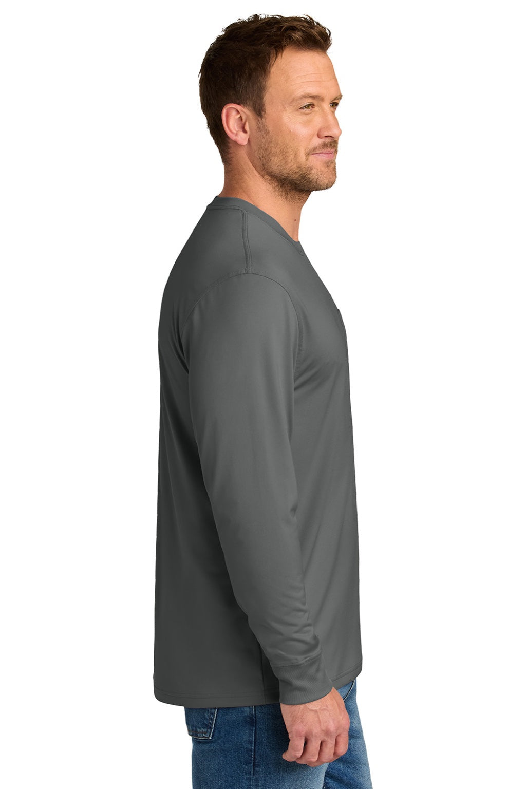 CornerStone CS440LSP Mens Workwear Pro Long Sleeve Crewneck T-Shirt w/ Pocket Metal Grey Model Side