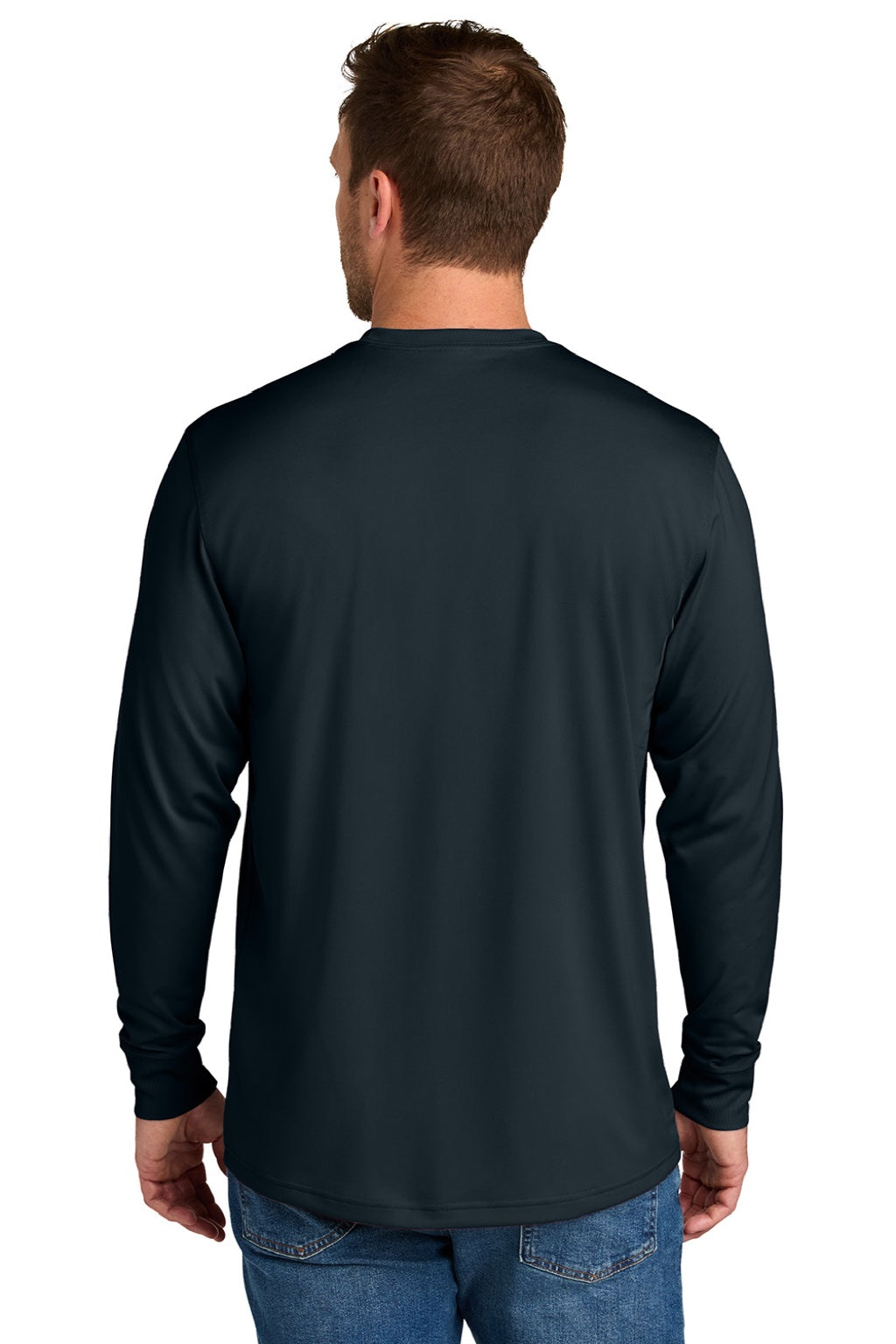 CornerStone CS440LSP Mens Workwear Pro Long Sleeve Crewneck T-Shirt w/ Pocket Navy Blue Model Back
