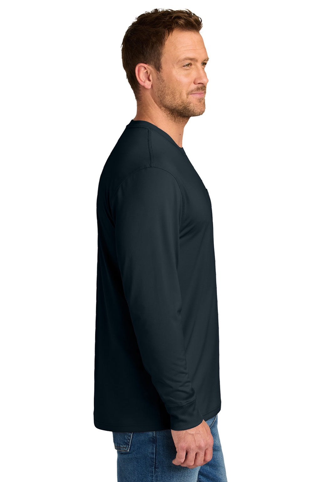 CornerStone CS440LSP Mens Workwear Pro Long Sleeve Crewneck T-Shirt w/ Pocket Navy Blue Model Side