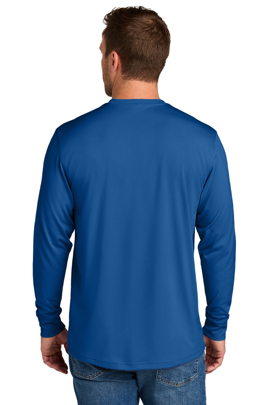 CornerStone CS440LSP Mens Workwear Pro Long Sleeve Crewneck T-Shirt w/ Pocket Royal Blue Model Back