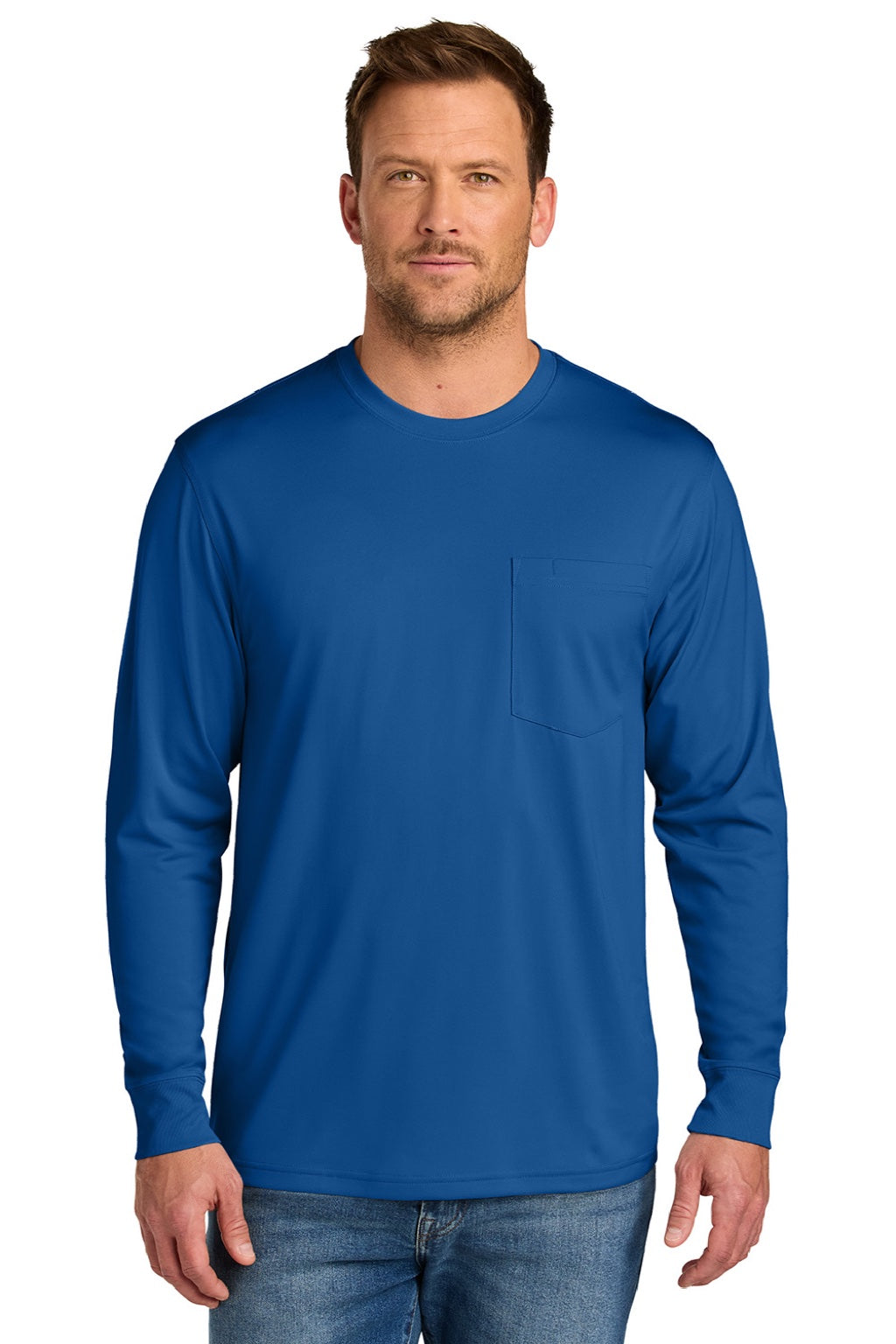 CornerStone CS440LSP Mens Workwear Pro Long Sleeve Crewneck T-Shirt w/ Pocket Royal Blue Model Front