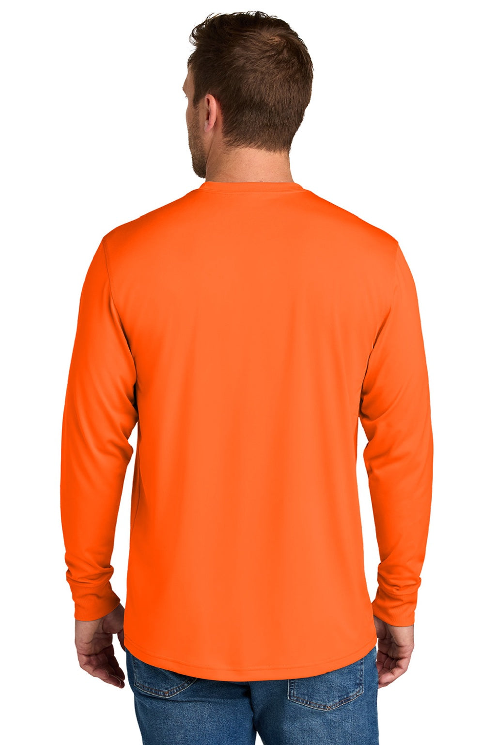 CornerStone CS440LSP Mens Workwear Pro Long Sleeve Crewneck T-Shirt w/ Pocket Safety Orange Model Back