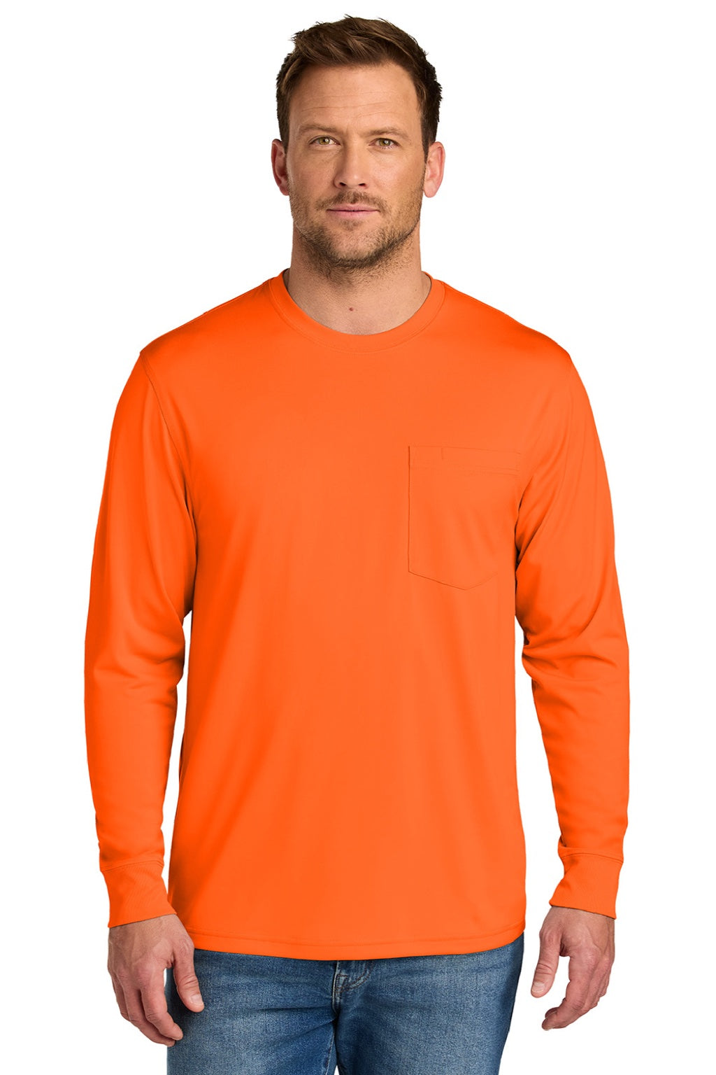 CornerStone CS440LSP Mens Workwear Pro Long Sleeve Crewneck T-Shirt w/ Pocket Safety Orange Model Front