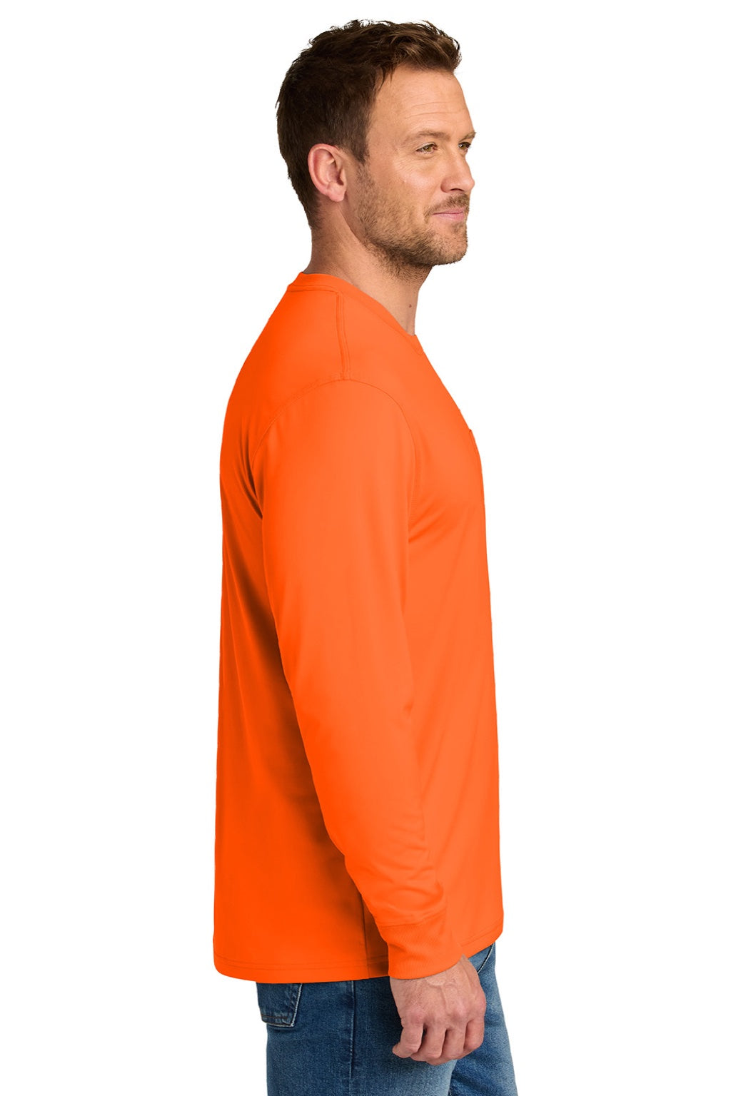 CornerStone CS440LSP Mens Workwear Pro Long Sleeve Crewneck T-Shirt w/ Pocket Safety Orange Model Side